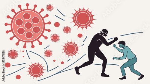 Fight against covid virus and pandemic illustration showing people in protective masks fighting infection 100
