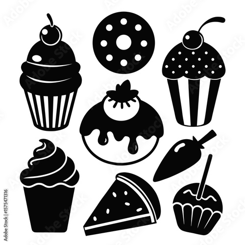 Set of dessert silhouettes cupcake donut slice cherry frosting