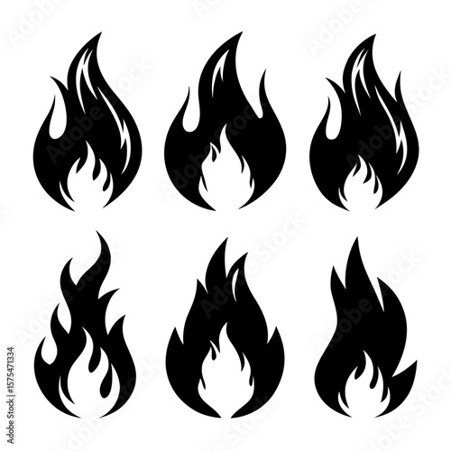 Set of six black flame icons fire symbol