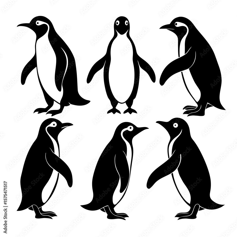 Fototapeta premium Six black and white penguin silhouettes in various poses animal