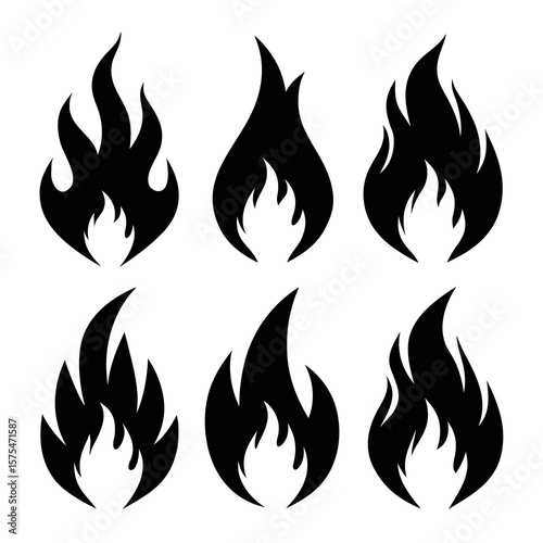 Six black flame silhouettes in varying styles fire white