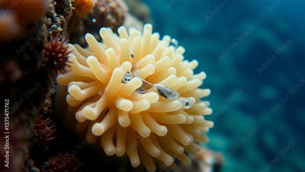 Fototapeta premium Intricate Sea Anemone Close-Up - Captivating Underwater Biology Scene for Nature Education, Marine Conservation, and Science Presentations with Delicate Tentacles and Translucent Debris.