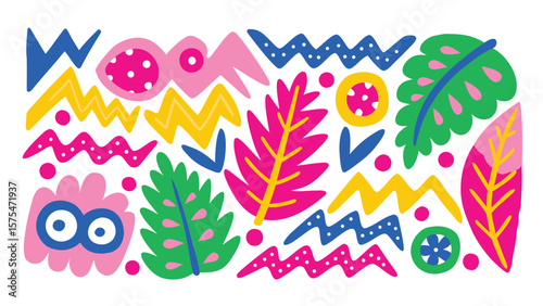 Colorful abstract shapes and tropical leaves in a playful and vibrant composition design art style