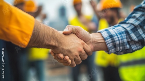 Two construction workers shake hands outdoors, symbolizing teamwork and agreement on site.