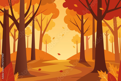 Warm Autumn Forest Scene with Falling Leaves