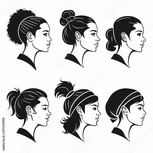 Six profile portraits of women with various hairstyles black and white