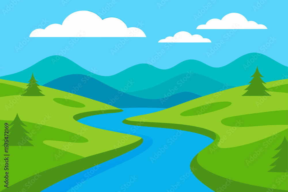 Obraz premium Peaceful Meadow River Landscape Illustration