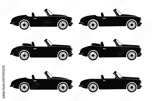 Classic Convertible Car Silhouette: A stylish series of six classic convertible car silhouettes, rendered in sleek black, capturing the essence of vintage automotive design with simple elegance.