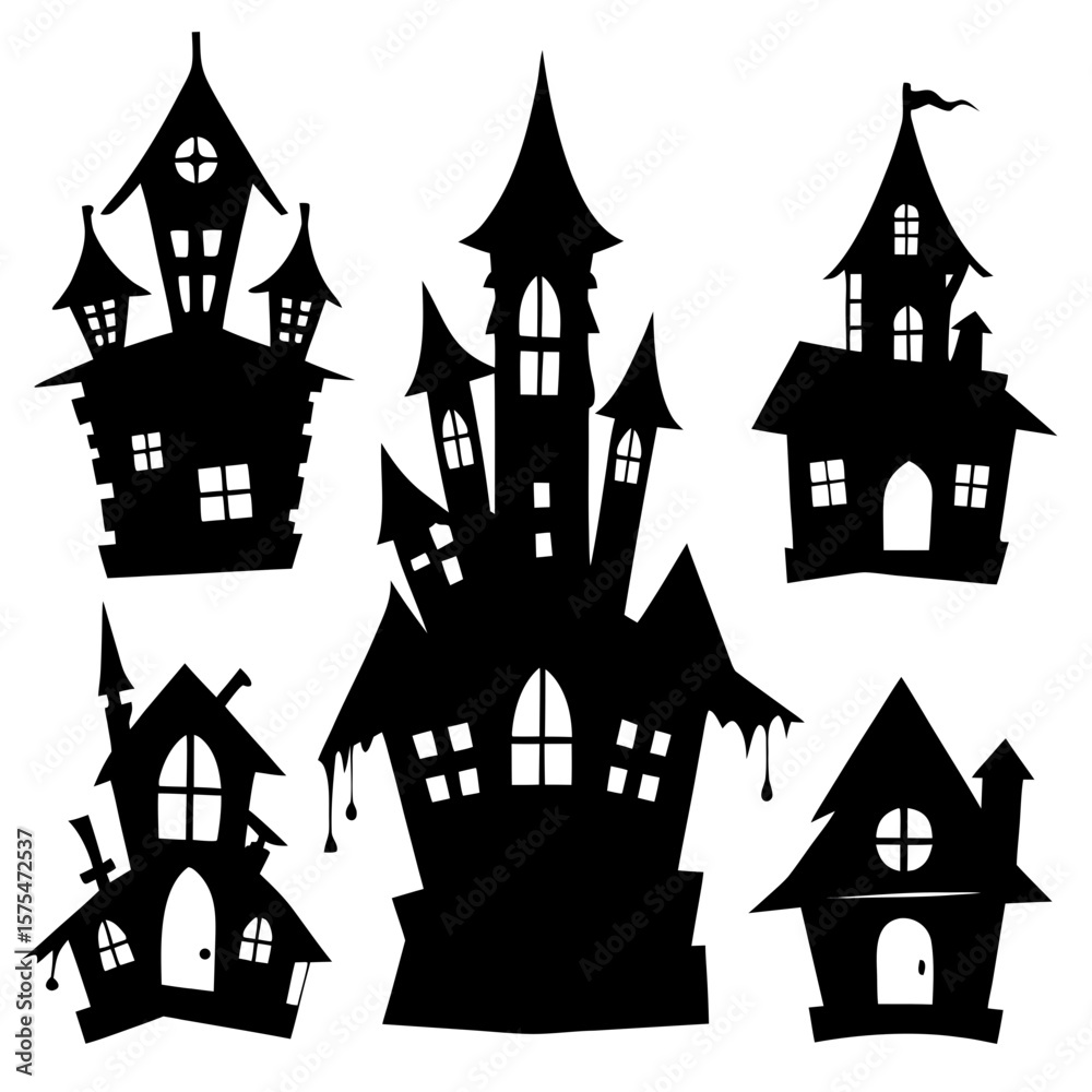 Obraz premium Spooky haunted house silhouettes with pointed roofs and windows gothic architecture