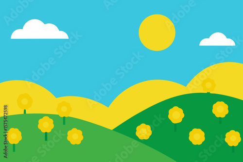 Hillside Covered With Yellow Flowers Under Sunny Sky