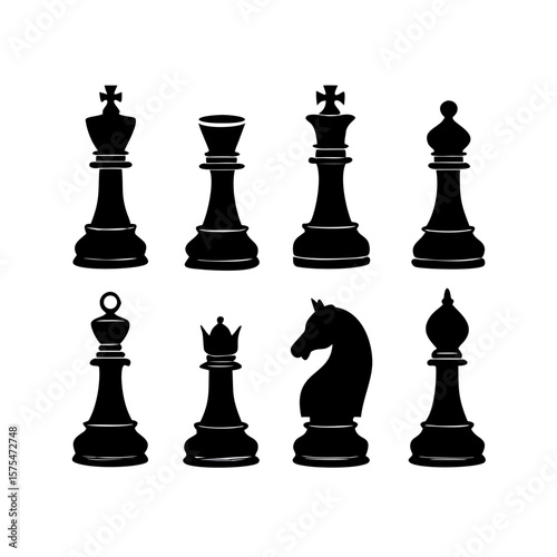 Stylized Chess Pieces with White Outline king queen