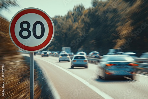 Highway speed limit sign with blurred traffic