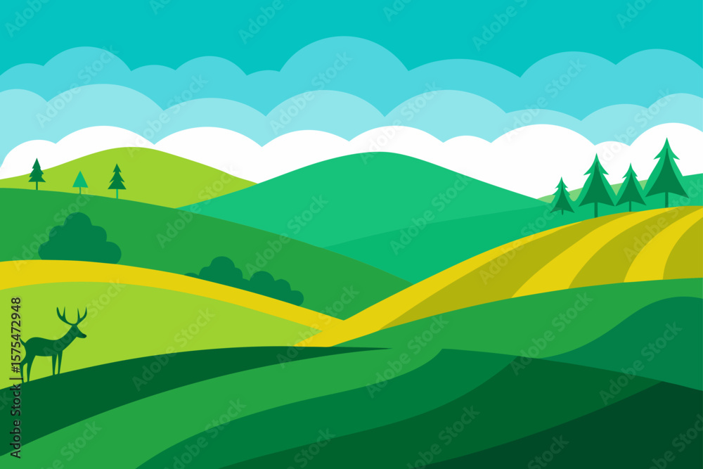 Obraz premium Rolling Hills with Grazing Deer Vector Art