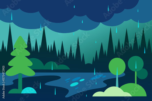 Misty Rain Forest Landscape Vector Illustration