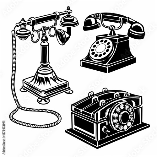 Vintage telephones collection black silhouettes retro phones