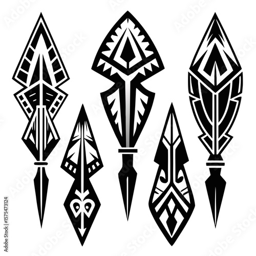 Tribal arrowhead designs black and white graphic art ancient primitive