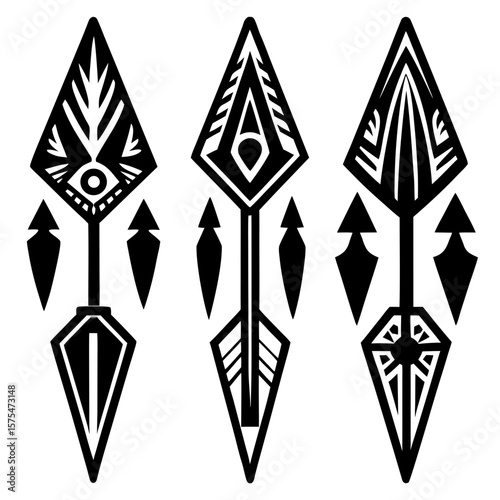 Tribal arrowhead designs with geometric patterns and eye motifs ancient silhouette