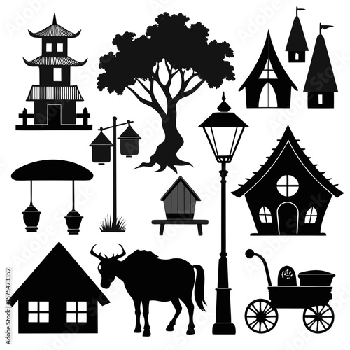 Village scene elements silhouettes with animal and tree vector