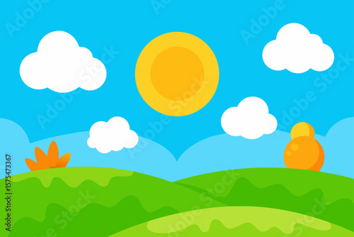 vibrant cartoon meadow with clouds and bright sun variation one