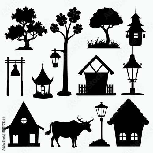 Village Scene Elements Silhouettes With Trees And Buildings vector