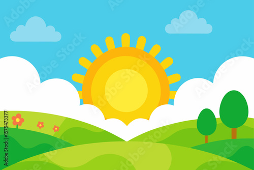 vibrant cartoon meadow with clouds and bright sun original