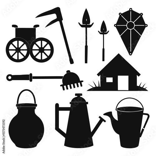 Village tools and implements black silhouettes sickle cart
