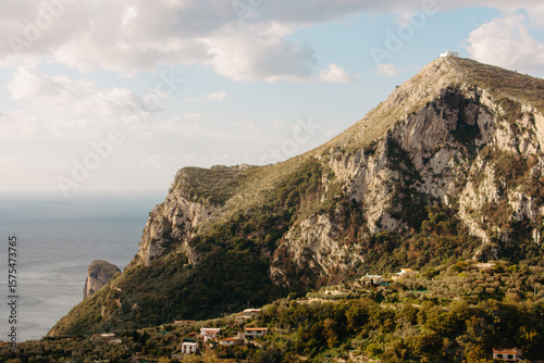Coastal view of Monte San Costanzo and Chiesa di San Costanzo, Italy