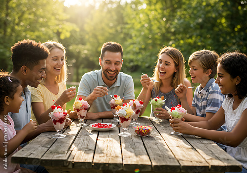A group of people, including children, enjoy ice cream sundaes at a picnic table outdoors, laughing and smiling.