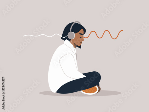 person sits cross-legged floor immersed calming experience wearing stylish noise cancelling headphones softening sound waves suggest serenity focus
