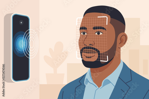 man getting facial recognition scan from biometric device for secure access identity verification african american illustration clipart
