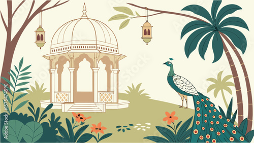 Illustration of indian pavilion with peacock and palm trees for graphic design and print design use cases