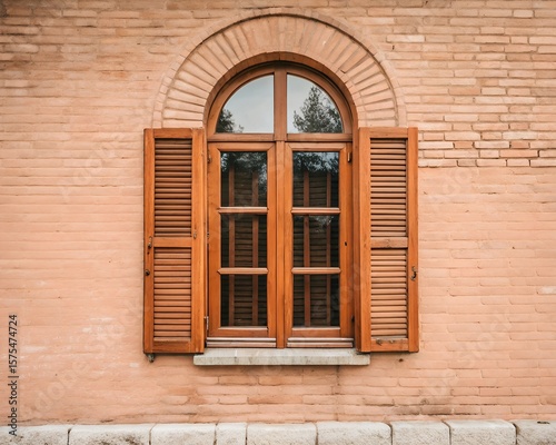 Rustic Mediterranean arched window with open wooden shutters  peach brick wall.
