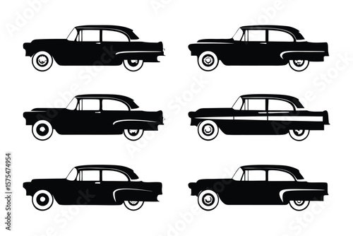Classic Car Silhouette: A collection of sleek, vintage automobile silhouettes, rendered in a monochrome style, perfect for design and automotive themes. 