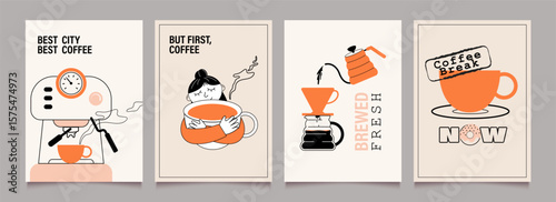 Illustrations of coffee break poster design. Icons, stickers for menu, kitchen, cafe, store. Character, hand with mug. Coffee machine, pour-over coffee, coffeepot. Vector minimalist art.