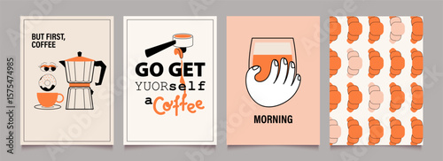 Illustrations of coffee break poster design. Icons, stickers for menu, kitchen, cafe, store. Hand with mug. Coffeepot, croissants. Vector minimalist art.