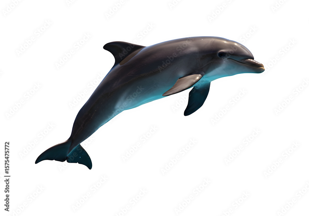 Fototapeta premium Energetic dolphin mid-jump captured in motion, perfect for marine, wildlife, or ocean-themed visuals. Isolated on white or transparent background. PNG format.