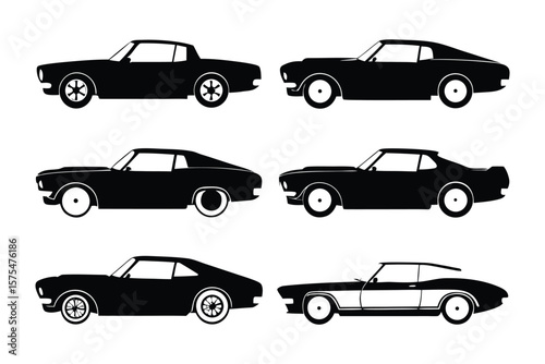 Classic Muscle Car Silhouettes: Six sleek silhouettes of classic muscle cars, showcasing different models and designs.  A perfect graphic resource for automotive enthusiasts.