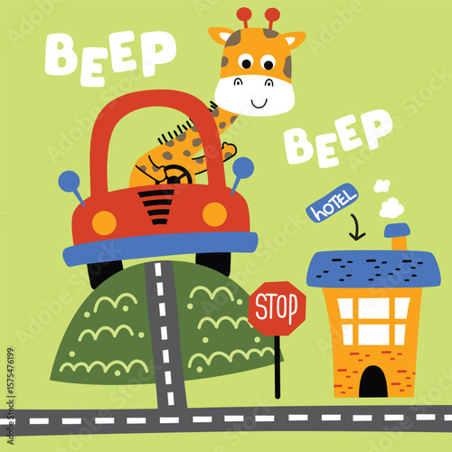 Cute cartoon giraffe driving a red car near hotel and stop sign
