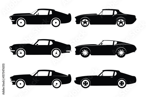 Classic Car Collection: A collection of iconic classic cars, rendered in stark black silhouettes against a clean background, each embodying timeless style and automotive heritage.