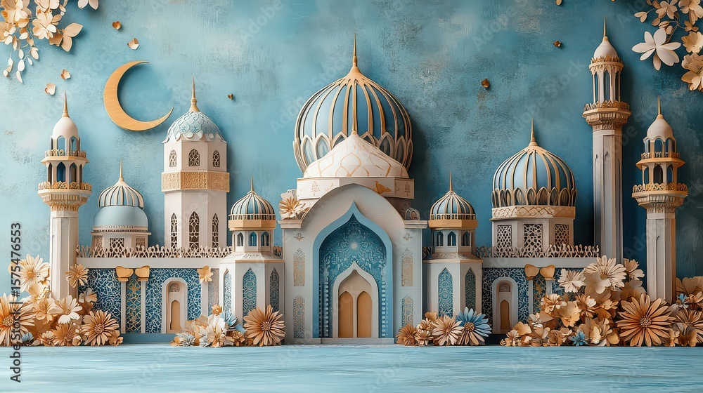 Obraz premium Festive Mosque with floral decor night sky Eid celebration greeting card.