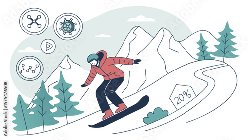 Snowboarding adventure winter sport vacation in the mountains with discount offer and technology icons view