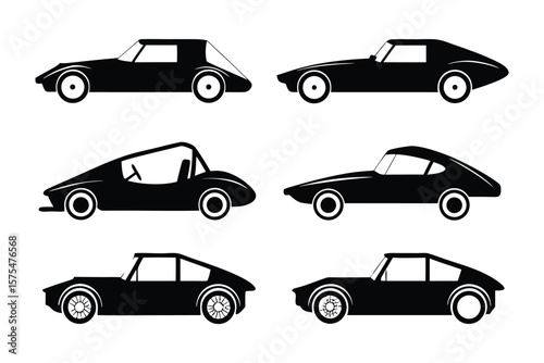 Classic Car Silhouettes: Six sleek, monochrome silhouettes of classic cars against a seamless background, perfect for adding a touch of vintage flair to any design. 