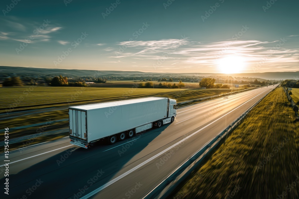 White semi-truck on highway at sunset. Fields and hills in background White semi-truck on highway at sunset. Fields and hills in background
