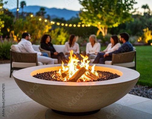 A warm fire burns in a bowl-shaped fire pit as a group of people relax and enjoy