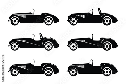 Classic Convertible Cars Silhouettes: A collection of stylized silhouettes of vintage convertible cars, rendered in a sleek, monochrome style, evoking nostalgia for a bygone era of automotive design.