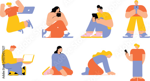Art People Using Mobile Phones and Laptops in Various Poses on White Background
