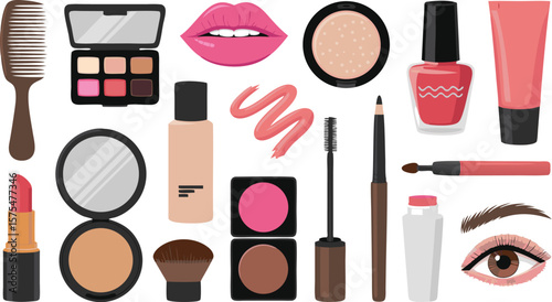 Assorted Cosmetics Lipstick, Eyeshadow Palette, Foundation, Nail Polish, Mascara, Brush, and Eye Illustration