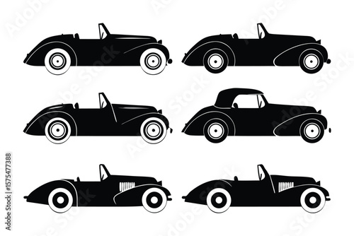 Classic Car Silhouettes: A collection of meticulously crafted black silhouettes of classic cars, each showcasing unique designs.