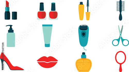 Beauty and Fashion Icons Flat Illustration of Makeup, Cosmetics, Shoes, and Personal Care Items