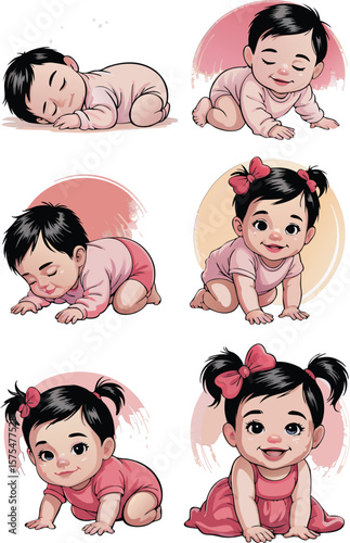 Cartoon Illustration Six Cute Baby Girls in Various Poses, Genders Neutral Style
